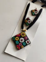 Handcrafted Terracotta Necklace & Earrings Set – Multicolor Floral Design - Image 2