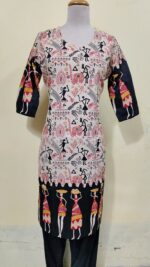 Cotton Warli Art Printed Kurti with Contrast Sleeve Design