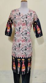 Cotton Warli Art Printed Kurti with Contrast Sleeve Design