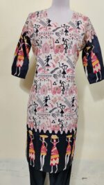 Cotton Warli Art Printed Kurti with Contrast Sleeve Design - Image 2