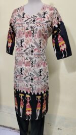 Cotton Warli Art Printed Kurti with Contrast Sleeve Design - Image 5