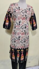 Cotton Warli Art Printed Kurti with Contrast Sleeve Design - Image 4