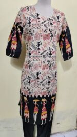 Cotton Warli Art Printed Kurti with Contrast Sleeve Design - Image 4