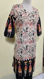 Cotton Warli Art Printed Kurti with Contrast Sleeve Design - Image 3