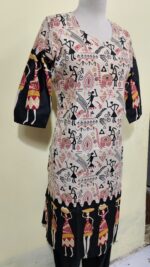 Cotton Warli Art Printed Kurti with Contrast Sleeve Design - Image 3