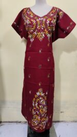 Maroon Cotton Kantha Stitch Kaftan Nighty for Women