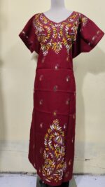 Maroon Cotton Kantha Stitch Kaftan Nighty for Women - Image 4