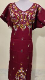 Maroon Cotton Kantha Stitch Kaftan Nighty for Women - Image 5