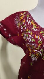 Maroon Cotton Kantha Stitch Kaftan Nighty for Women - Image 3