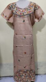Kantha Stitch Cotton Kaftan Nighty – Peach Floral Hand Embroidery