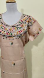 Kantha Stitch Cotton Kaftan Nighty – Peach Floral Hand Embroidery - Image 3