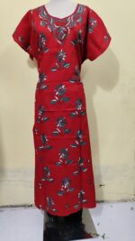 Red Cotton Kantha Stitch Kaftan Nighty for Women