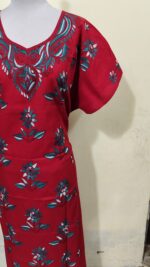 Red Cotton Kantha Stitch Kaftan Nighty for Women - Image 3
