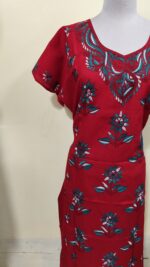 Red Cotton Kantha Stitch Kaftan Nighty for Women - Image 4