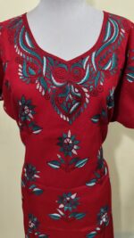 Red Cotton Kantha Stitch Kaftan Nighty for Women - Image 5