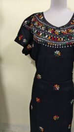 Black Color Cotton Kantha Stitch Kaftan Nighty for Women - Image 3