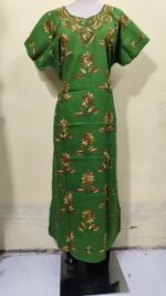 Green color Cotton Kantha Stitch Kaftan Nighty for Women