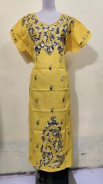 Yellow color Cotton Kantha Stitch Kaftan Nighty for Women - Image 5