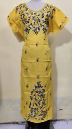 Yellow color Cotton Kantha Stitch Kaftan Nighty for Women