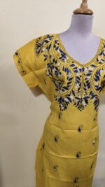Yellow color Cotton Kantha Stitch Kaftan Nighty for Women - Image 3