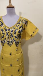 Yellow color Cotton Kantha Stitch Kaftan Nighty for Women - Image 2