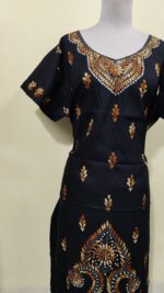 Kantha Stitch Cotton Kaftan Nighty Black color for Women - Image 3