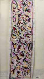 D Tussar Silk Kantha Stole with Multicolor Bird & Floral Motif – Off-White - Image 4