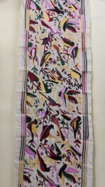 D Tussar Silk Kantha Stole with Multicolor Bird & Floral Motif – Off-White