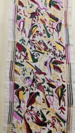 D Tussar Silk Kantha Stole with Multicolor Bird & Floral Motif – Off-White - Image 3