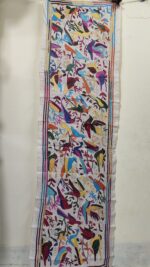 Handcrafted Tussar Silk Kantha Stole with Multicolor Bird & Floral Motif – Off-White