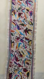 Handcrafted Tussar Silk Kantha Stole with Multicolor Bird & Floral Motif – Off-White - Image 3