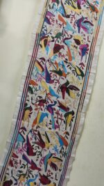 Handcrafted Tussar Silk Kantha Stole with Multicolor Bird & Floral Motif – Off-White - Image 2