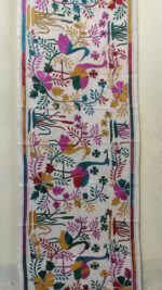 Handcrafted Tussar Silk Kantha Stole with Peacock & Floral Motif – Off-White Multicolor - Image 5