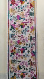 Handcrafted Tussar Silk Kantha Stole with Peacock & Floral Motif – Off-White Multicolor