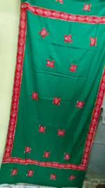 Handwoven Woolen Shawl – Green with Red Floral Motifs - Image 2