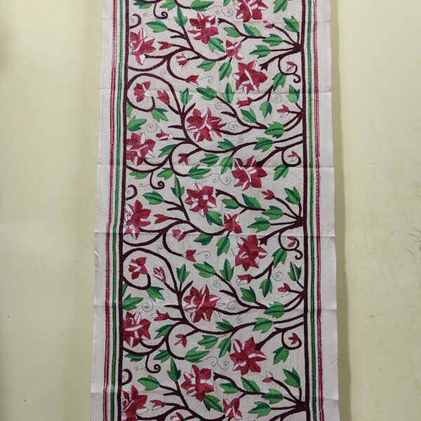 D Tussar Silk Kantha Stole with Red Floral Vine Embroidery
