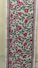 D Tussar Silk Kantha Stole with Red Floral Vine Embroidery - Image 4