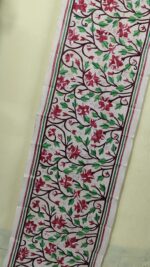 D Tussar Silk Kantha Stole with Red Floral Vine Embroidery - Image 2