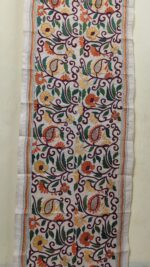 Elegant Tussar Silk Kantha Stitch Stole with Floral Vine Embroidery