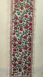 Handcrafted D Tussar Silk Kantha Stole with Red Green Floral Vine Embroidery