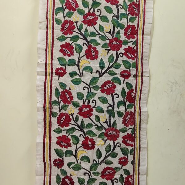 Handcrafted D Tussar Silk Kantha Stole with Red Green Floral Vine Embroidery