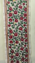 Handcrafted D Tussar Silk Kantha Stole with Red Green Floral Vine Embroidery - Image 4