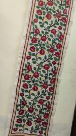 Handcrafted D Tussar Silk Kantha Stole with Red Green Floral Vine Embroidery - Image 2