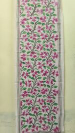D Tussar Silk Kantha Stole with Red Green Floral Vine Embroidery