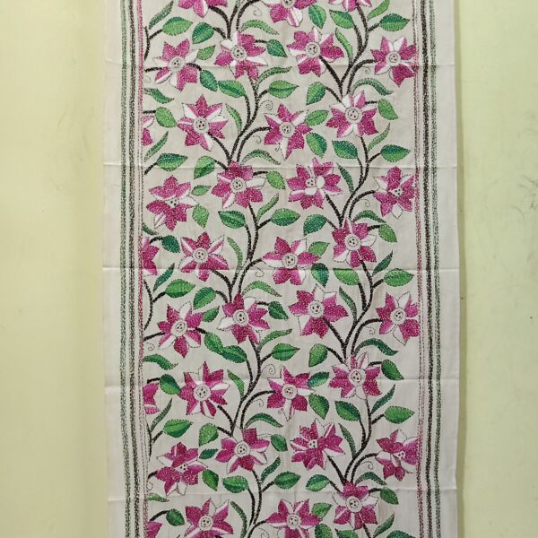 D Tussar Silk Kantha Stole with Red Green Floral Vine Embroidery