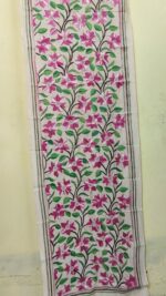 D Tussar Silk Kantha Stole with Red Green Floral Vine Embroidery - Image 3