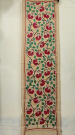 Premium Tussar Silk Kantha Stole with Red Floral Embroidery