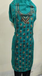Sea green Cotton Kantha Kurti Material – Teal Diamond Motifs - Image 3