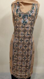 Cotton Kantha Stitch Long Kurti Material – Sand Beige Lattice - Image 3