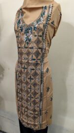 Cotton Kantha Stitch Long Kurti Material – Sand Beige Lattice - Image 2